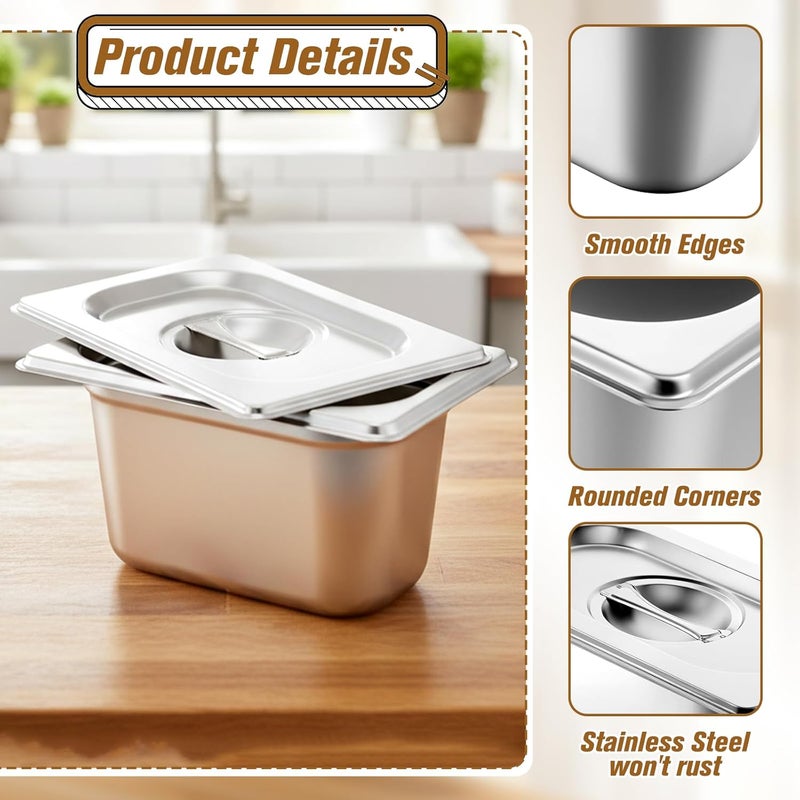 Exclaith 4 Pack Hotel Pan with Lid 1/9 Size 4 Inch Deep Stainless Steel Restaurant Food Prep Tray Metal Hotels Steam Table Pan for Home, Party, Restaurant, Hotel, Buffet - Image 3